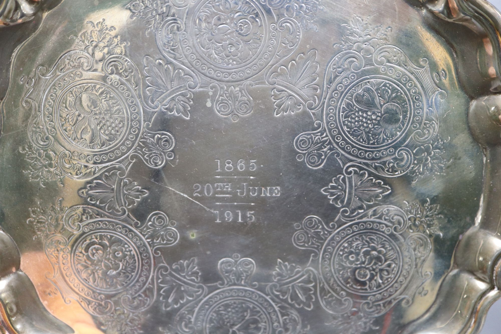 A George V silver salver, with engraved inscription, Barker Brothers, Chester, 1914, 20.7cm, 11oz.